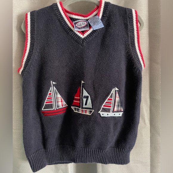 Vintage Kids Navy Blue Sailboat Sweater Vest - Picture 1 of 3